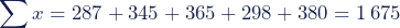 \begin{equation*}\sum{x}=287+345+365+298+380=1\,675\end{equation*}